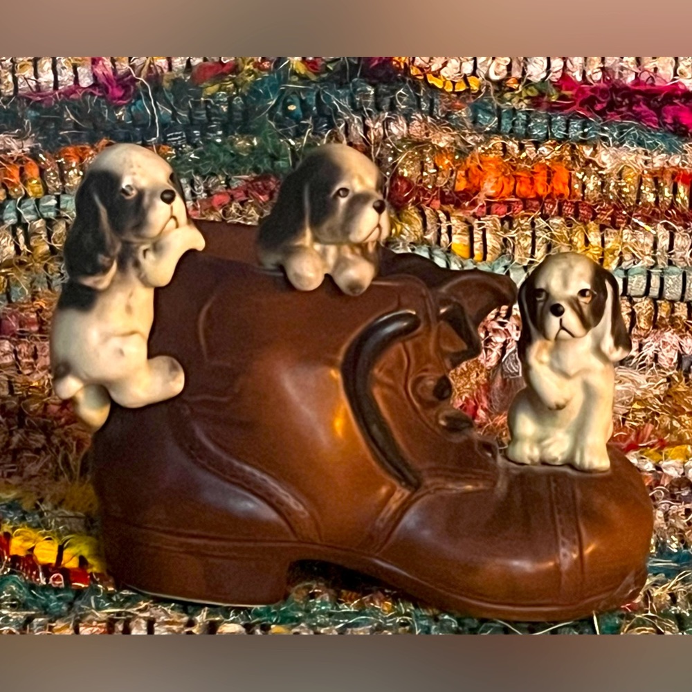 Cute Vintage Ceramic Lego Planter Three Puppies Playing On A Brown Shoe, Japan❤️